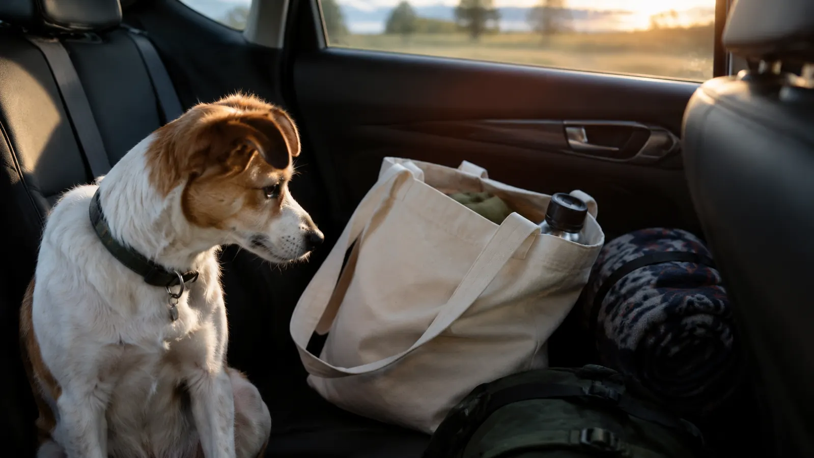 A small dog peeking over the edge of a car back seat toward a tote bag that holds folded bowls