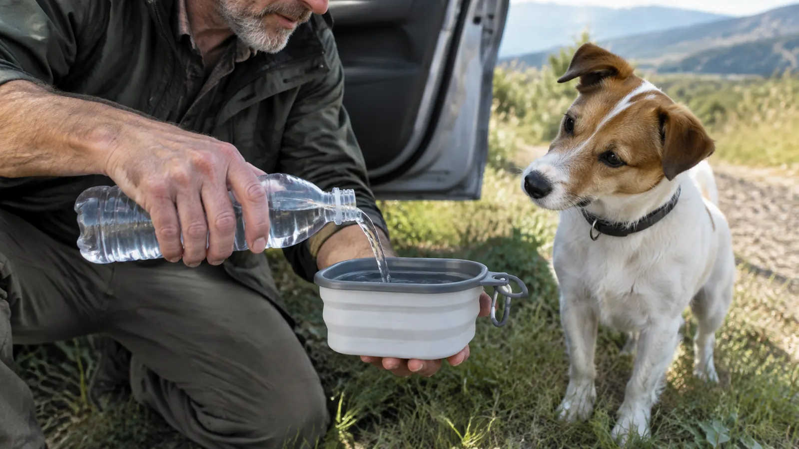 A person filling a flexible bowl from a water bottle held low while a small dog waits nearby on a roadside grassy area.