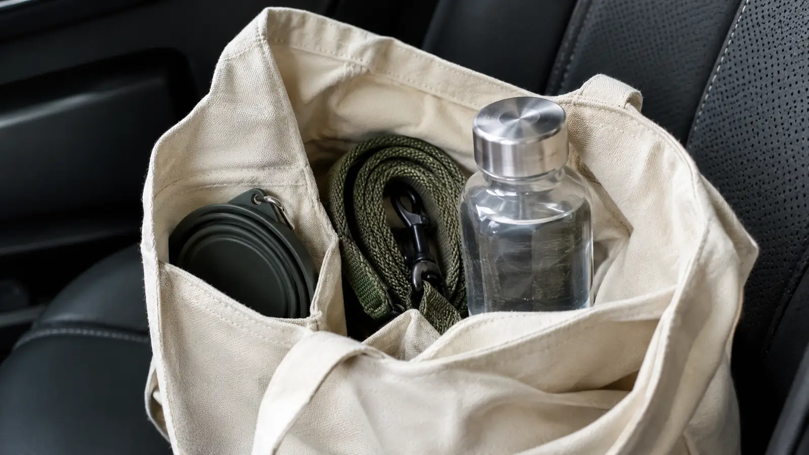 A flexible dog bowl collapsed flat in the side pocket of a travel tote next to a rolled leash and a water bottle.