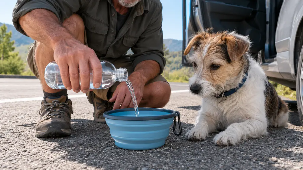 Hand pouring water from a bottle into a collapsible travel bowl while a small dog waits