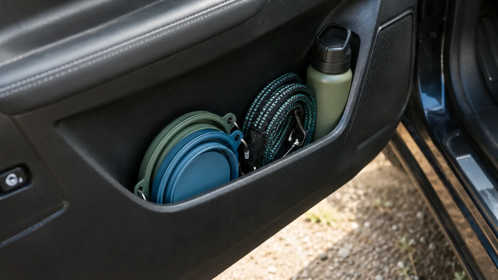 Two collapsible travel bowls folded flat in a car door pocket with a rolled leash