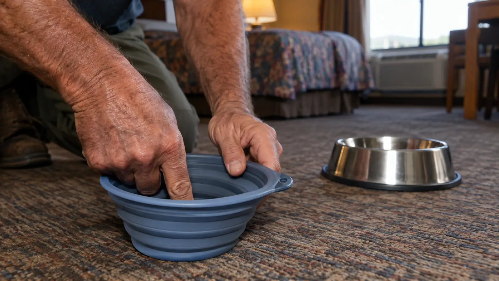 Hand pressing the center of a collapsible dog travel bowl to open it while it sits beside a stainless steel travel bowl on a motel carpet