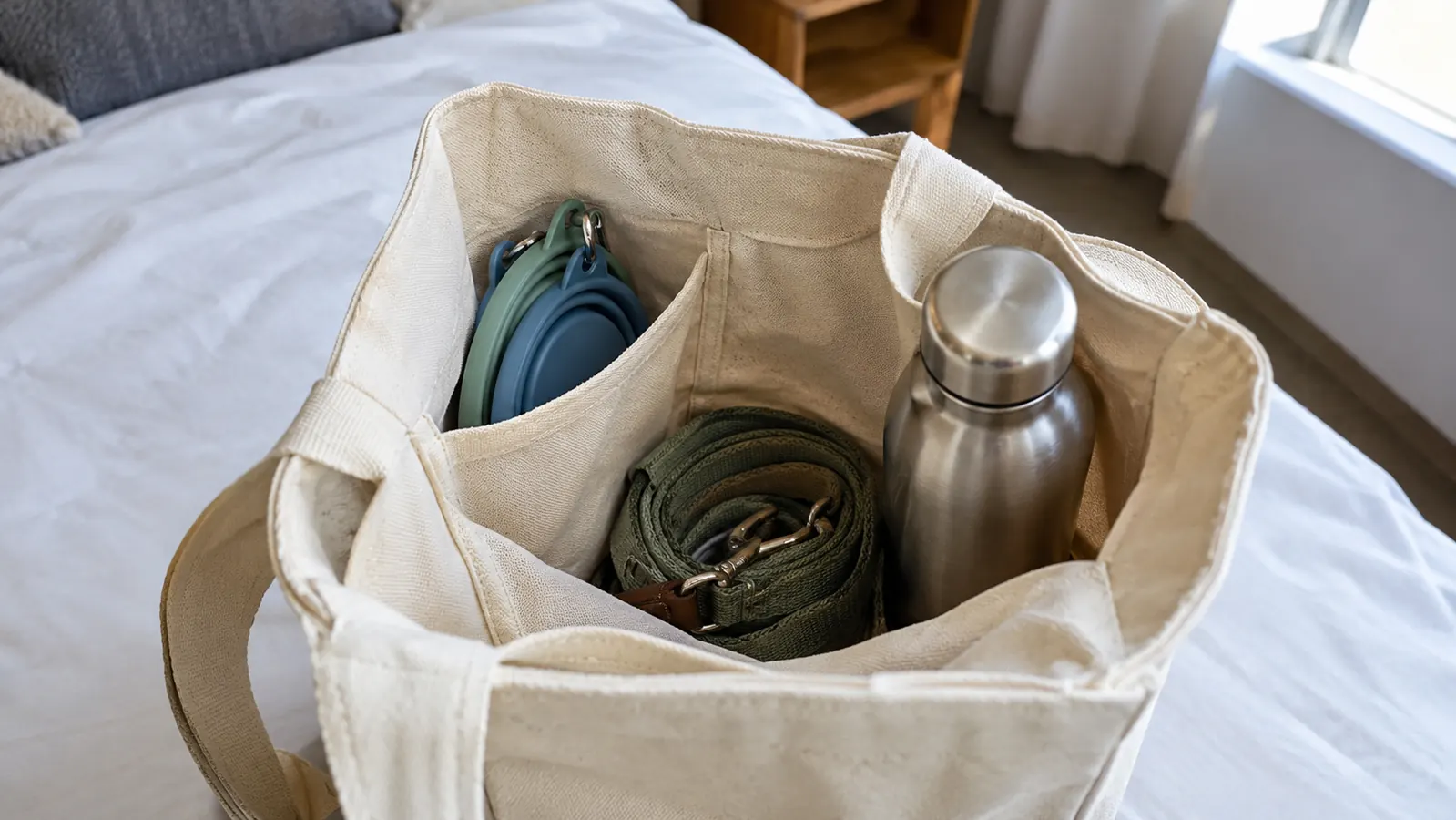 Packed road trip tote with two flat collapsible dog bowls tucked into a side pocket beside a water bottle
